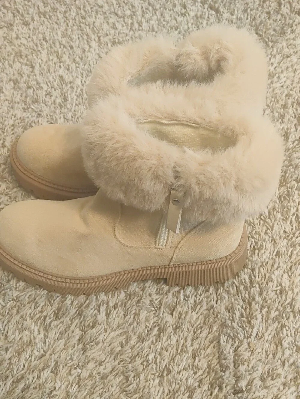 Plush Faux Fur-Trim Suede Winter Ankle Boots in Light Beige